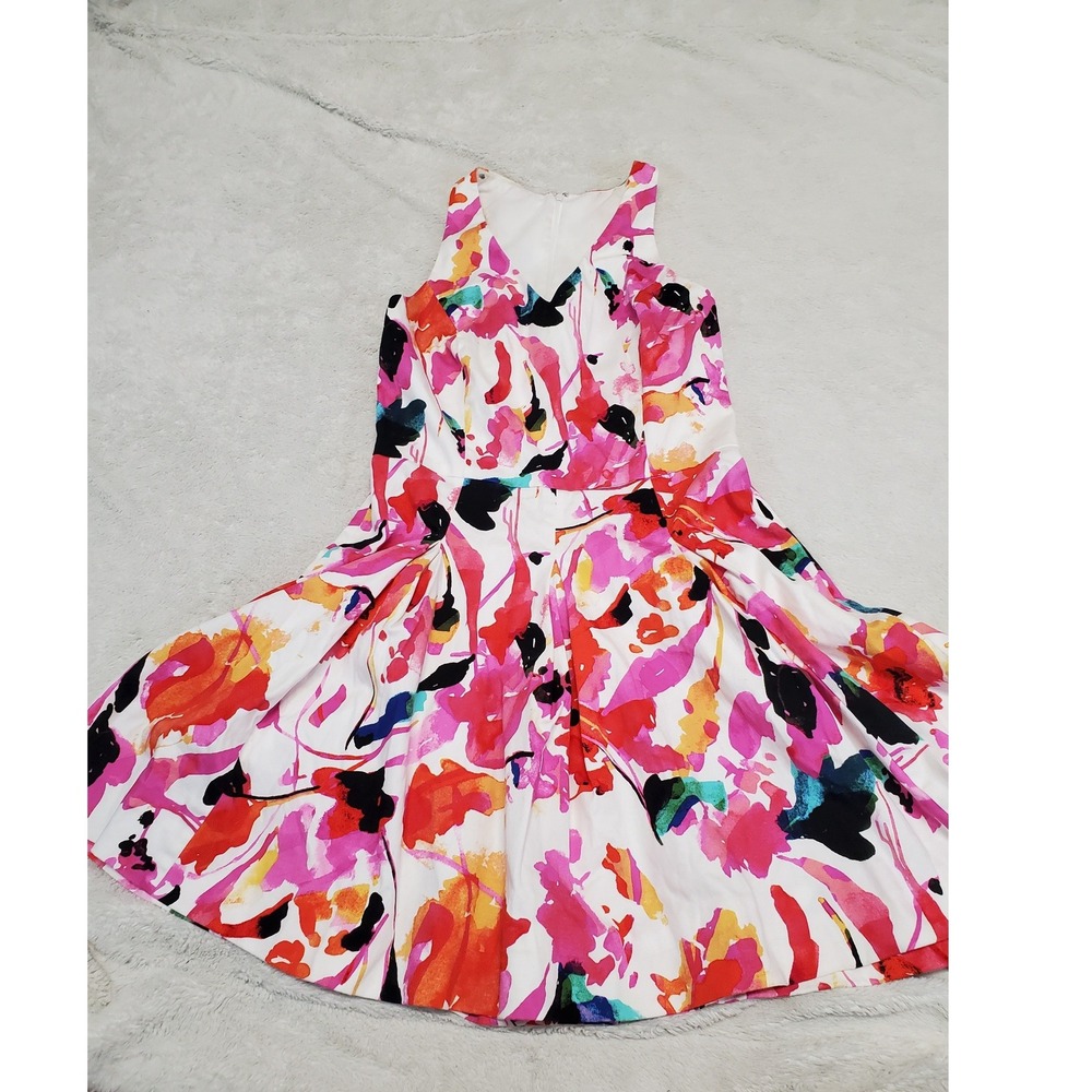 Lauren Ralph Lauren White Pink Floral Print Fit & Flare Dress 8 Artsy Party Sexy